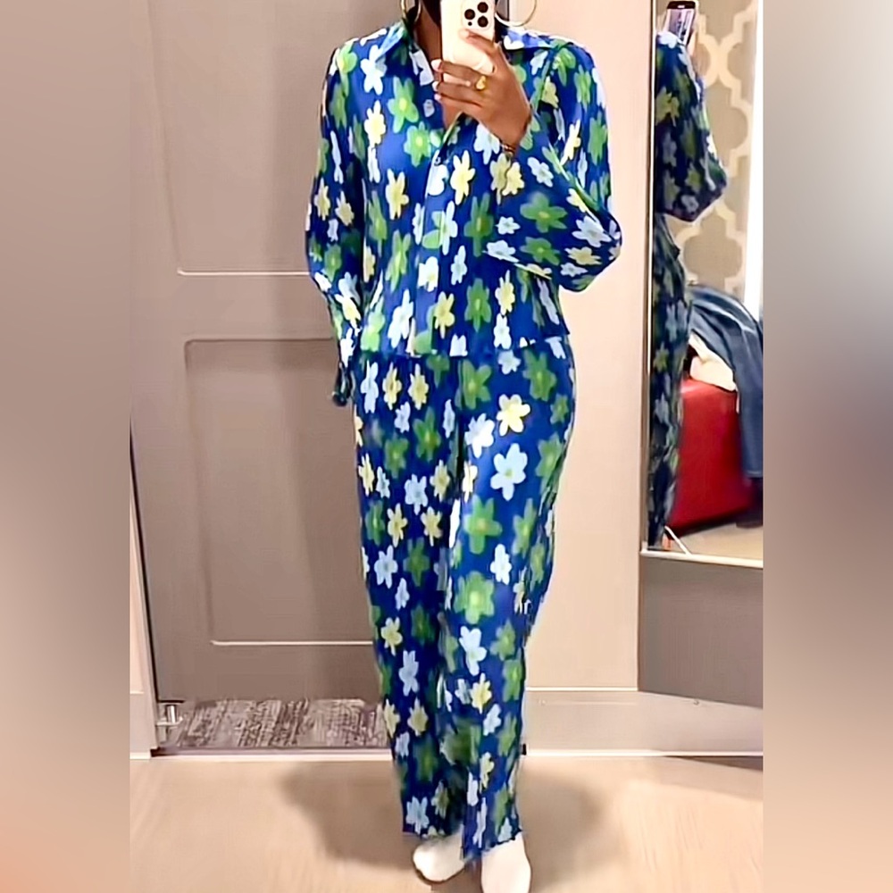 Floral Blue & Green Wide-Leg Jumpsuit